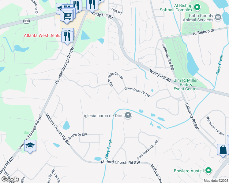 map of restaurants, bars, coffee shops, grocery stores, and more near 2385 Jack Creek Road Southwest in Marietta