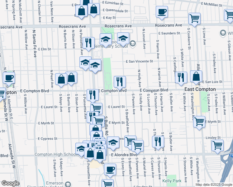 map of restaurants, bars, coffee shops, grocery stores, and more near 1638 East Compton Boulevard in Compton