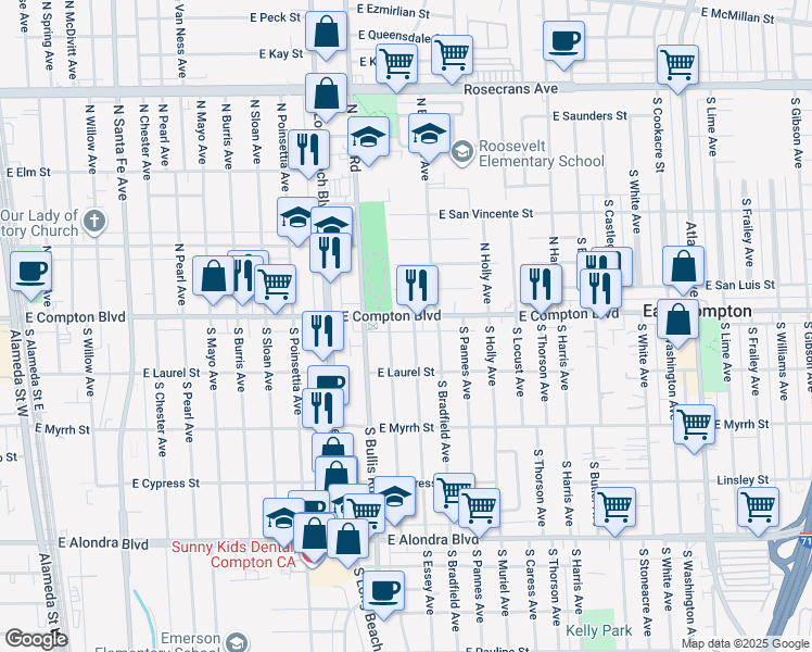 map of restaurants, bars, coffee shops, grocery stores, and more near 116 South Essey Avenue in Compton