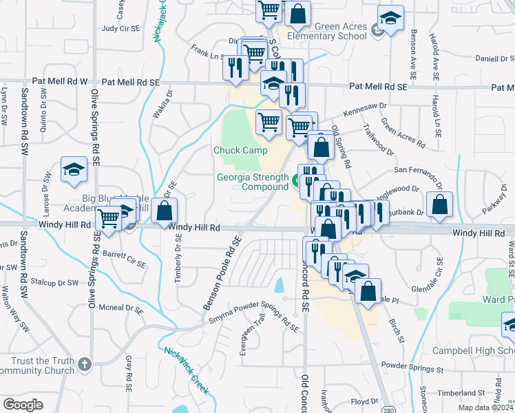 map of restaurants, bars, coffee shops, grocery stores, and more near 373 Benson Manor Circle in Smyrna