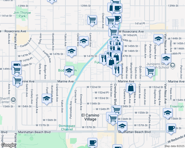 map of restaurants, bars, coffee shops, grocery stores, and more near 14930 Lemoli Avenue in Gardena