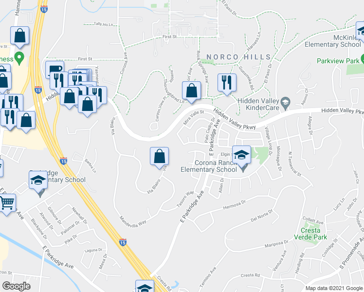 map of restaurants, bars, coffee shops, grocery stores, and more near 898 Pala Mesa Drive in Corona