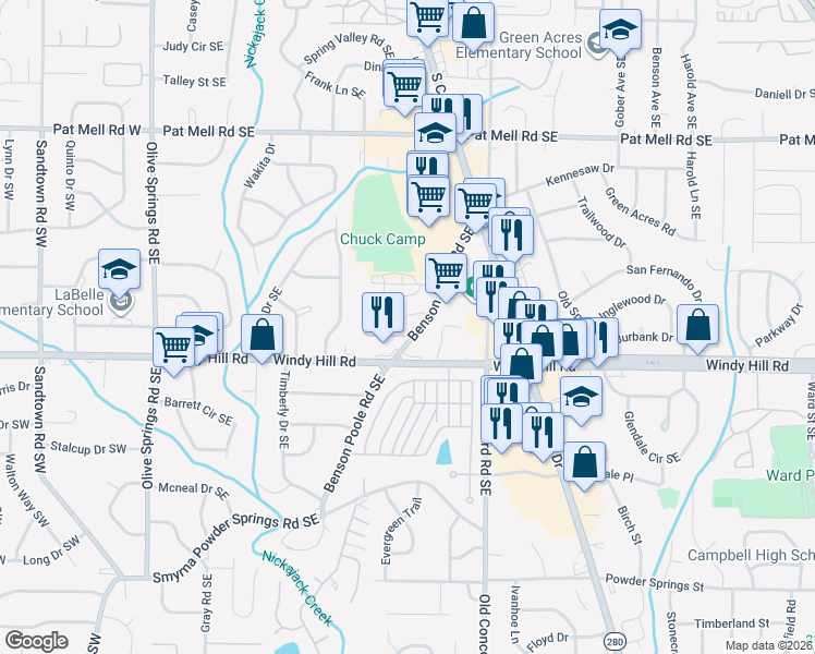 map of restaurants, bars, coffee shops, grocery stores, and more near 369 Benson Manor Circle in Smyrna