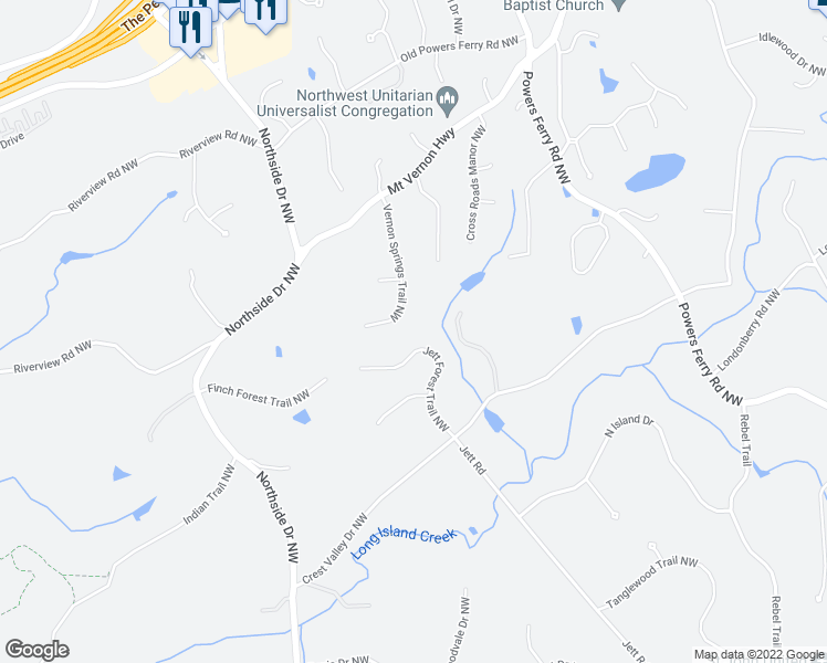 map of restaurants, bars, coffee shops, grocery stores, and more near 5165 Vernon Springs Trail Northwest in Atlanta