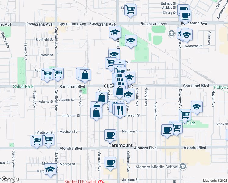 map of restaurants, bars, coffee shops, grocery stores, and more near 15129 Paramount Boulevard in Paramount