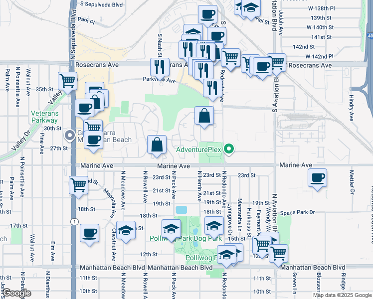 map of restaurants, bars, coffee shops, grocery stores, and more near 12 Cayman Court in Manhattan Beach