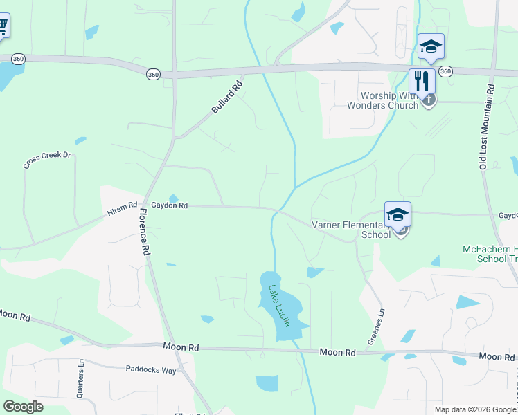 map of restaurants, bars, coffee shops, grocery stores, and more near 2400 Sassafrass Lane in Powder Springs