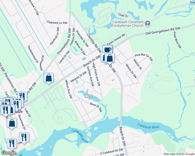 map of restaurants, bars, coffee shops, grocery stores, and more near 1018 High Point Avenue Southwest in Calabash