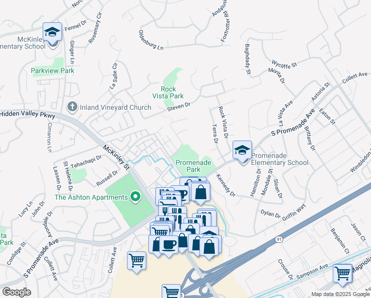 map of restaurants, bars, coffee shops, grocery stores, and more near 615 Richey Street in Corona