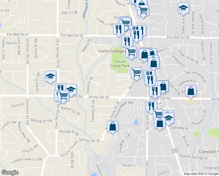 map of restaurants, bars, coffee shops, grocery stores, and more near 2355 Wynona Drive Southeast in Marietta