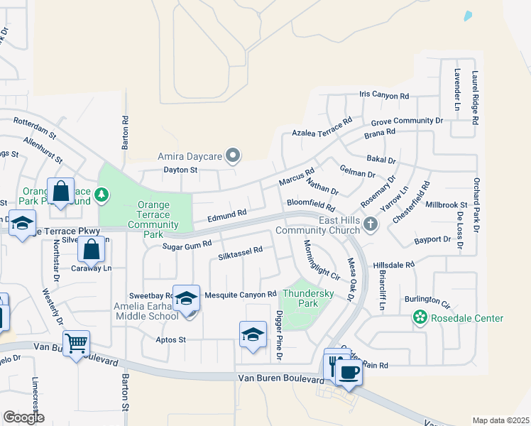 map of restaurants, bars, coffee shops, grocery stores, and more near 20383 Edmund Road in Riverside