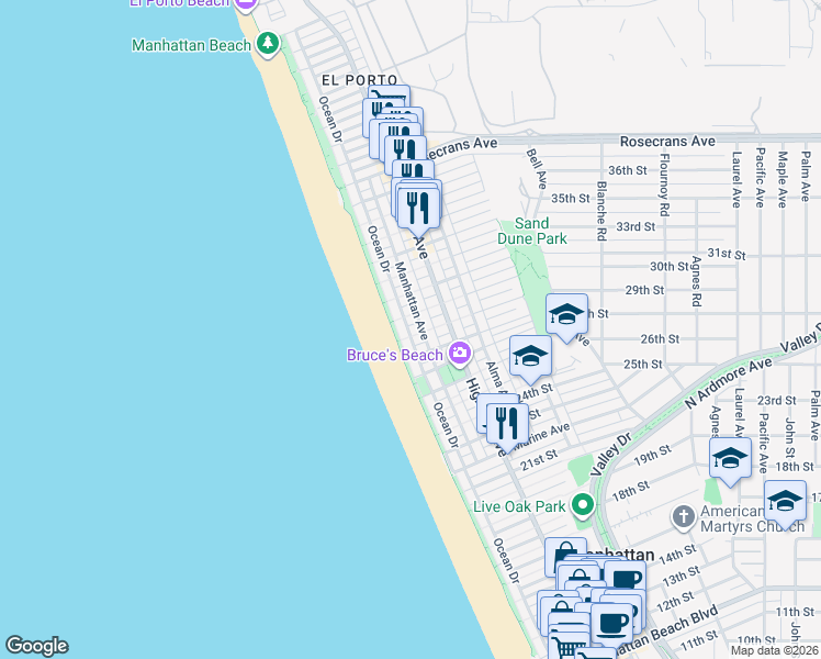 map of restaurants, bars, coffee shops, grocery stores, and more near 2901 Ocean Drive in Manhattan Beach