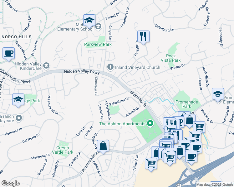 map of restaurants, bars, coffee shops, grocery stores, and more near 2155 Saddleback Drive in Corona