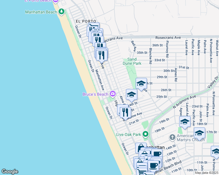map of restaurants, bars, coffee shops, grocery stores, and more near 232 29th Street in Manhattan Beach