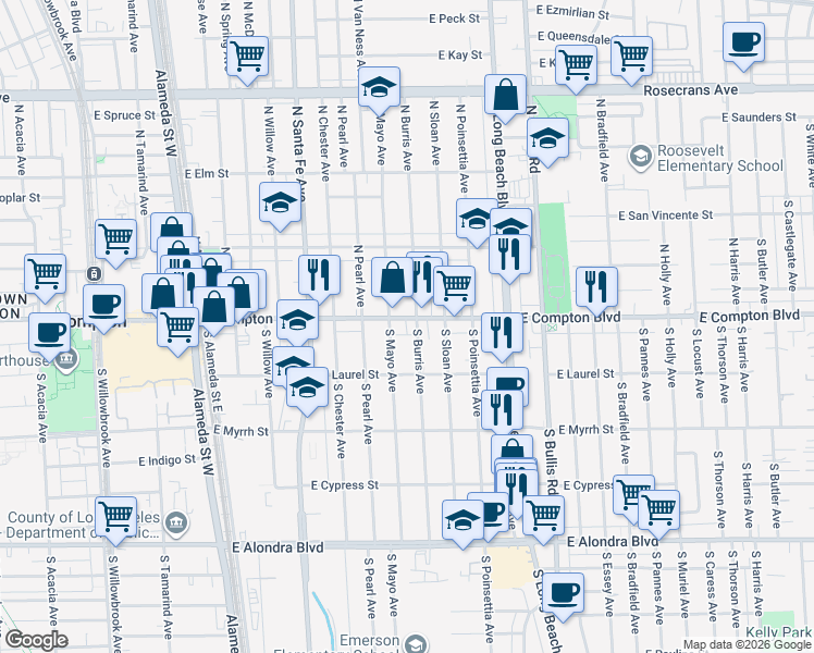 map of restaurants, bars, coffee shops, grocery stores, and more near 1028 East Compton Boulevard in Compton