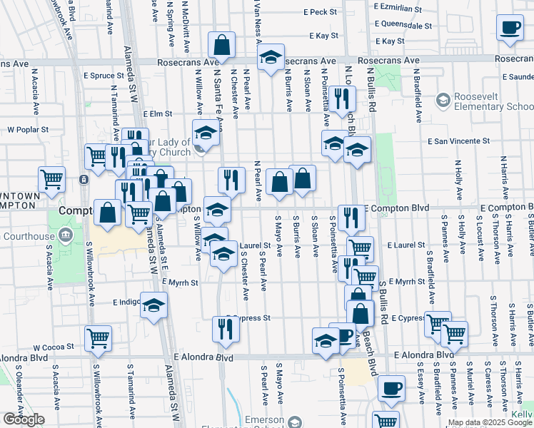 map of restaurants, bars, coffee shops, grocery stores, and more near 900 East Compton Boulevard in Compton