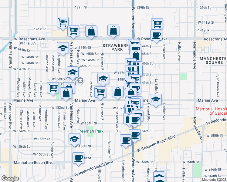 map of restaurants, bars, coffee shops, grocery stores, and more near 1913 West 150th Street in Gardena