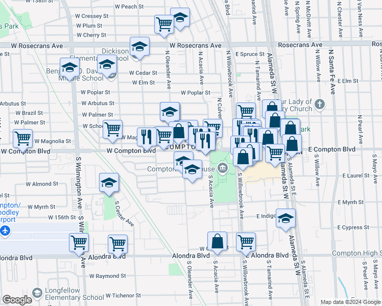 map of restaurants, bars, coffee shops, grocery stores, and more near 364 West Compton Boulevard in Compton