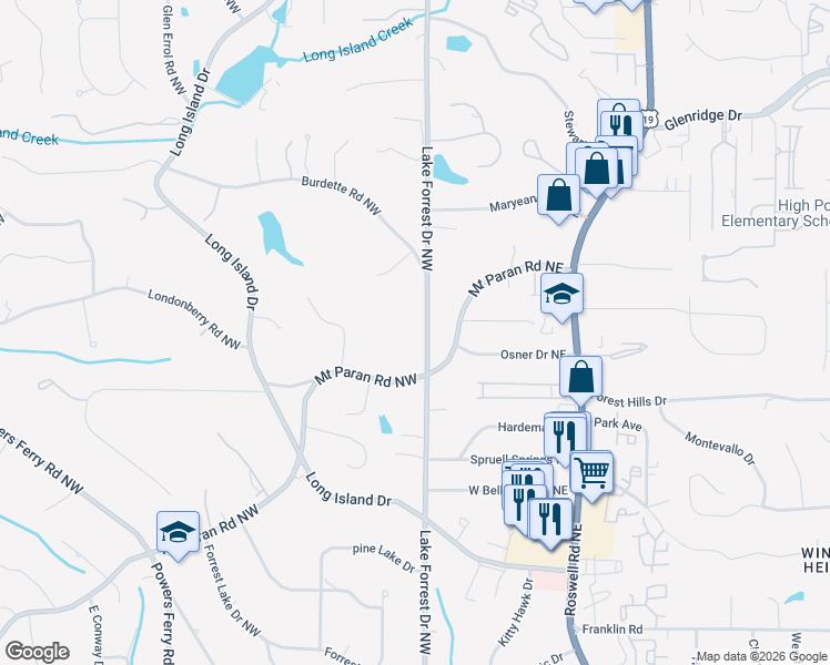 map of restaurants, bars, coffee shops, grocery stores, and more near 5158 Lake Forrest Drive Northwest in Sandy Springs