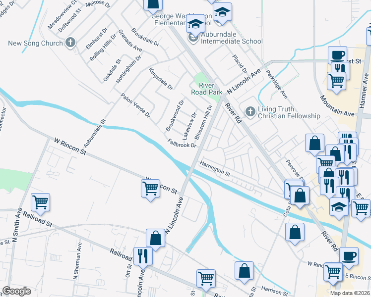 map of restaurants, bars, coffee shops, grocery stores, and more near 1118 Fallbrook Drive in Corona