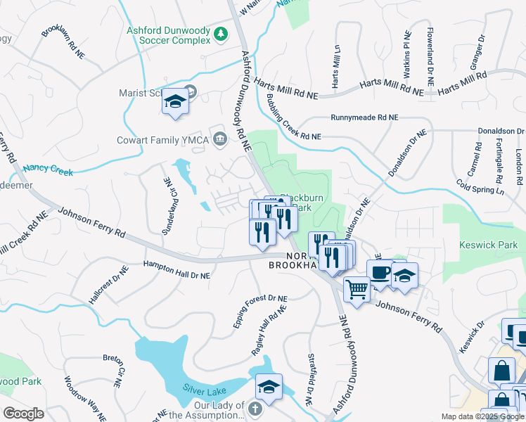 map of restaurants, bars, coffee shops, grocery stores, and more near 3592 Parkhaven Place in Brookhaven