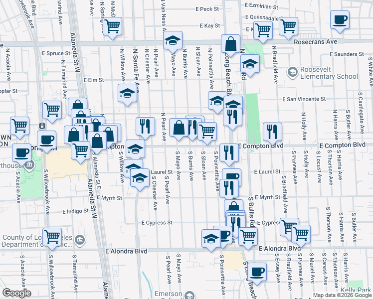map of restaurants, bars, coffee shops, grocery stores, and more near 1028 East Compton Boulevard in Compton
