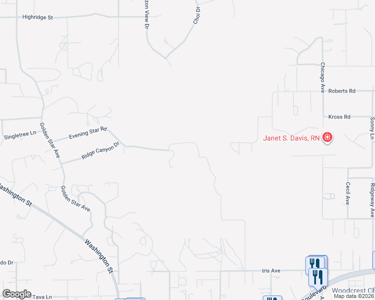 map of restaurants, bars, coffee shops, grocery stores, and more near 17295 Ridge Canyon Drive in Riverside