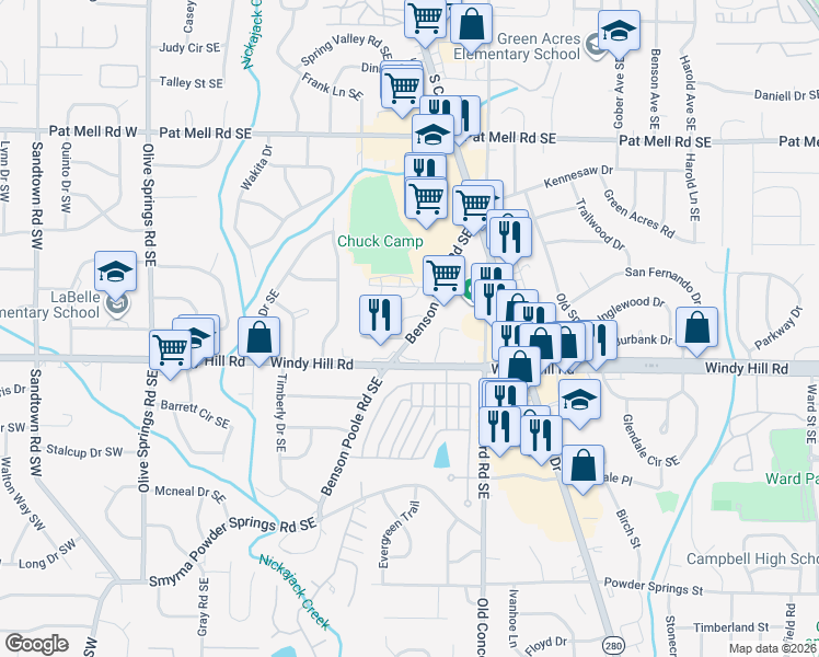 map of restaurants, bars, coffee shops, grocery stores, and more near 377 Benson Manor Circle in Smyrna