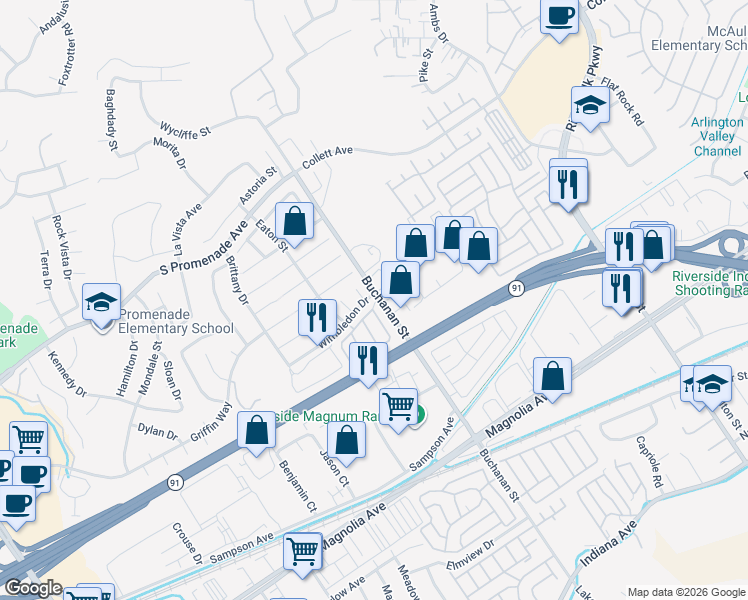 map of restaurants, bars, coffee shops, grocery stores, and more near 371 Camden Court in Corona