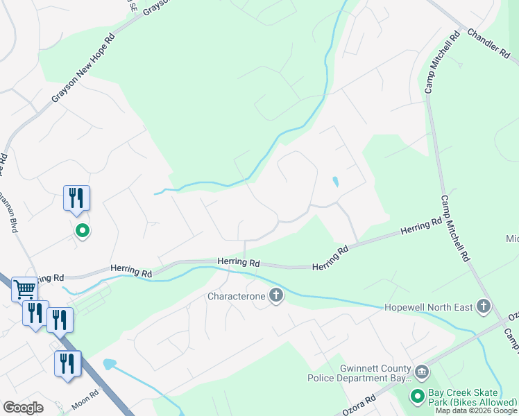 map of restaurants, bars, coffee shops, grocery stores, and more near 2480 Amberbrook Lane in Grayson