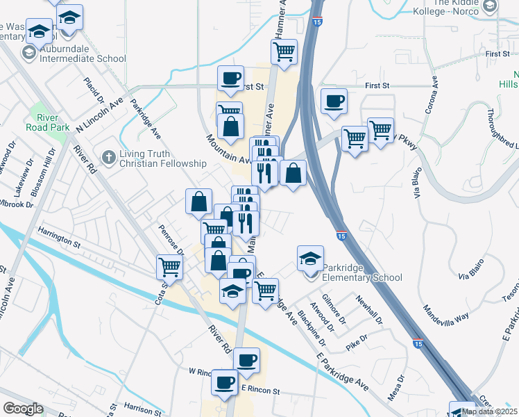 map of restaurants, bars, coffee shops, grocery stores, and more near 853 North Main Street in Corona