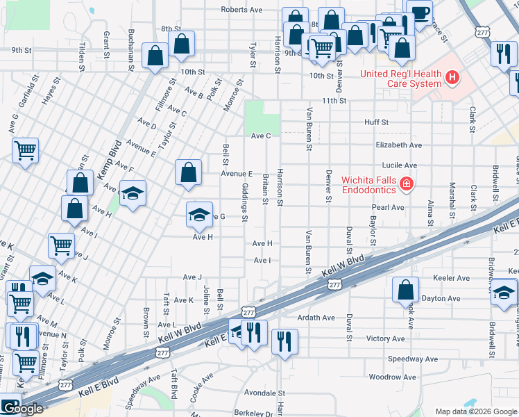 map of restaurants, bars, coffee shops, grocery stores, and more near 1609 Britain Street in Wichita Falls