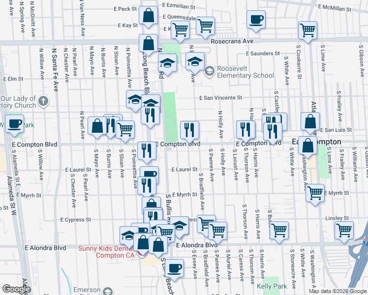 map of restaurants, bars, coffee shops, grocery stores, and more near 1638 East Compton Boulevard in Compton