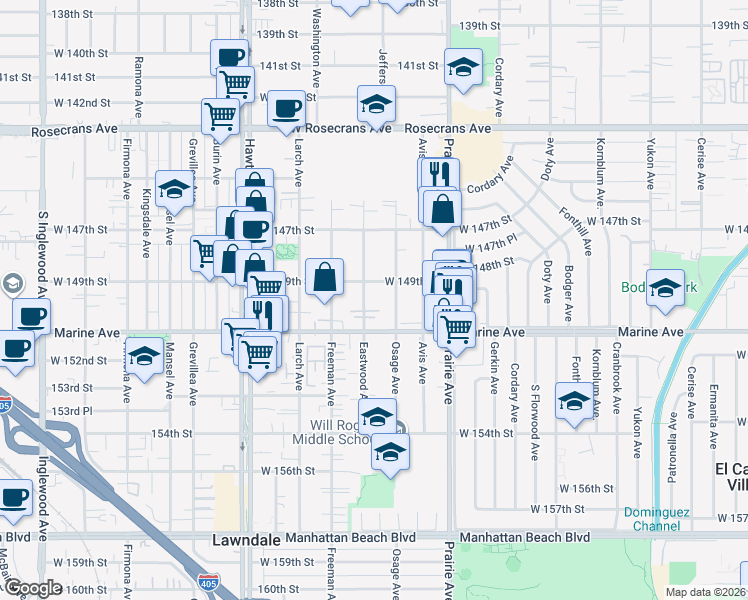 map of restaurants, bars, coffee shops, grocery stores, and more near 14920 Eastwood Avenue in Lawndale