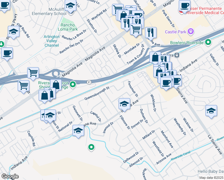 map of restaurants, bars, coffee shops, grocery stores, and more near 3567 Ganador Court in Riverside