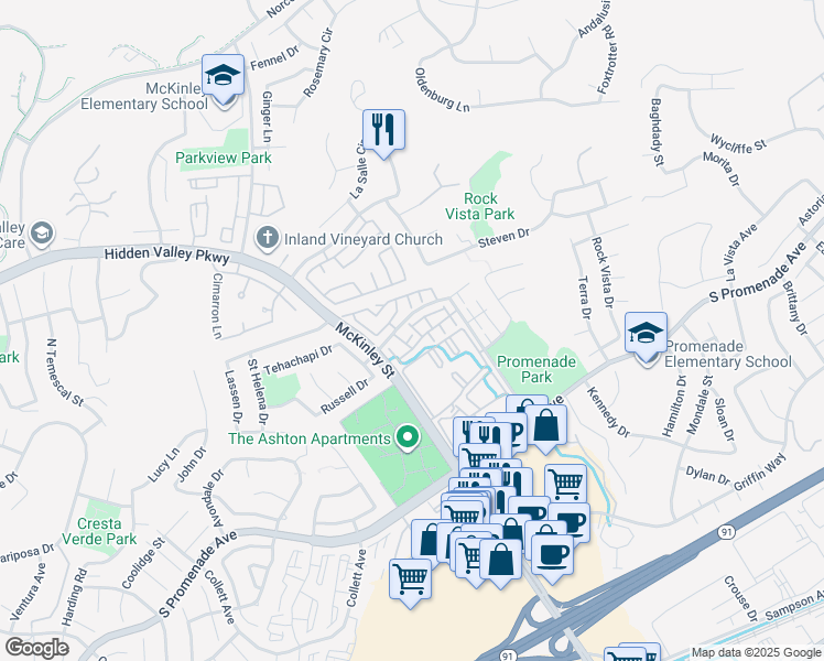 map of restaurants, bars, coffee shops, grocery stores, and more near 2225 Indigo Hills Drive in Corona