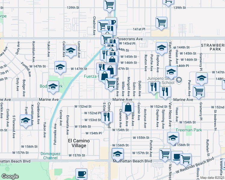 map of restaurants, bars, coffee shops, grocery stores, and more near 15017 Wadshan Alley in Gardena