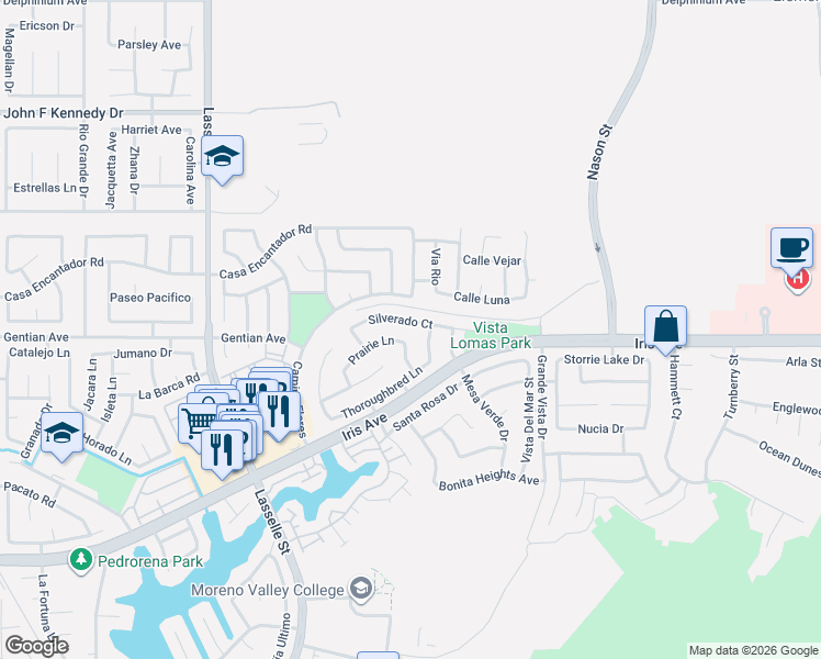 map of restaurants, bars, coffee shops, grocery stores, and more near 26496 Prairie Lane in Moreno Valley