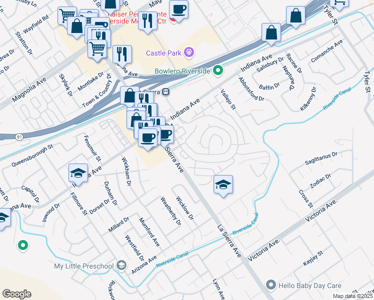 map of restaurants, bars, coffee shops, grocery stores, and more near 3242 Vista Terrace in Riverside