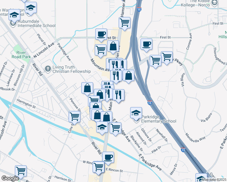 map of restaurants, bars, coffee shops, grocery stores, and more near 853 North Main Street in Corona