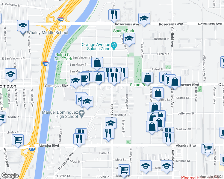 map of restaurants, bars, coffee shops, grocery stores, and more near 15122 Orange Avenue in Paramount