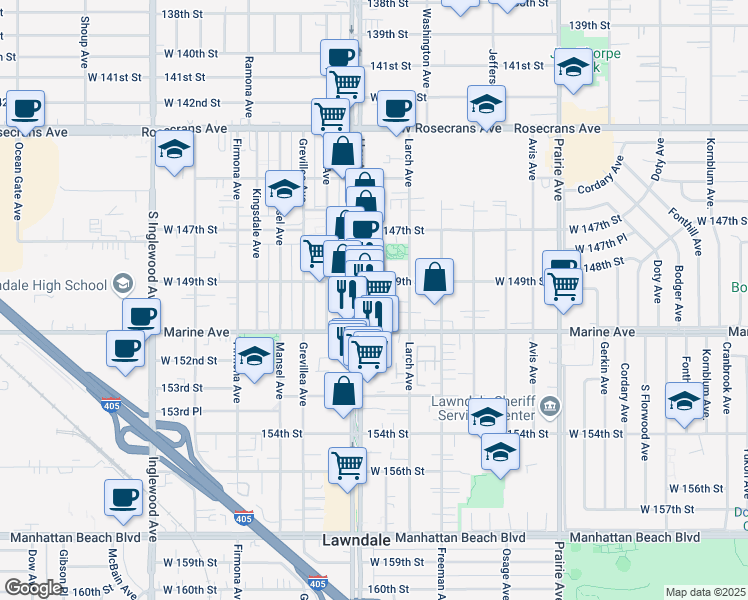 map of restaurants, bars, coffee shops, grocery stores, and more near 15000 Hawthorne Boulevard in Lawndale
