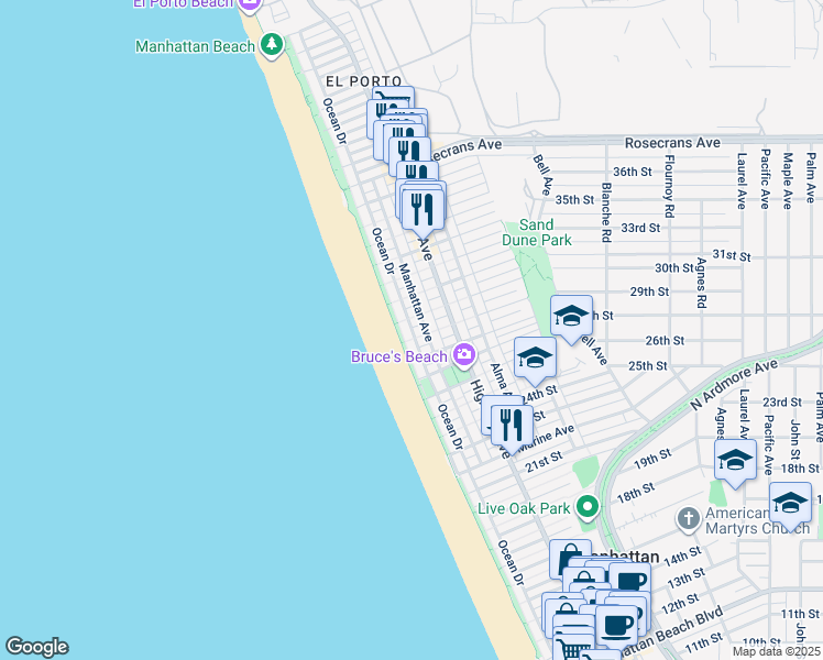 map of restaurants, bars, coffee shops, grocery stores, and more near 2900 The Strand in Manhattan Beach
