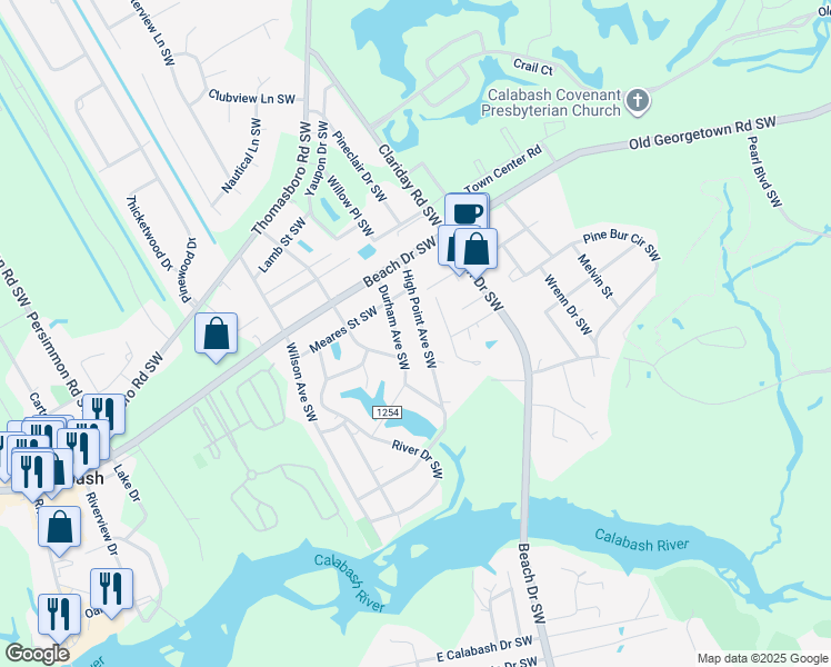 map of restaurants, bars, coffee shops, grocery stores, and more near 1018 High Point Avenue Southwest in Calabash