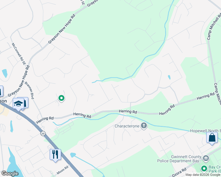 map of restaurants, bars, coffee shops, grocery stores, and more near 2275 Amberbrook Lane in Grayson