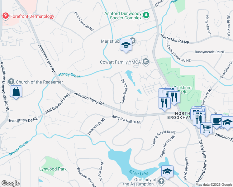 map of restaurants, bars, coffee shops, grocery stores, and more near 3485 Sunderland Circle Northeast in Atlanta