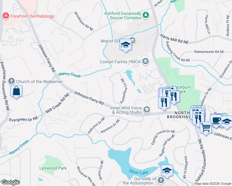 map of restaurants, bars, coffee shops, grocery stores, and more near 3485 Sunderland Circle Northeast in Atlanta