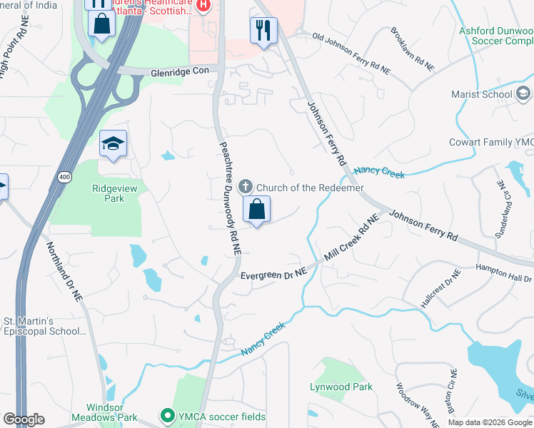 map of restaurants, bars, coffee shops, grocery stores, and more near 250 Woodchase Close Northeast in Atlanta