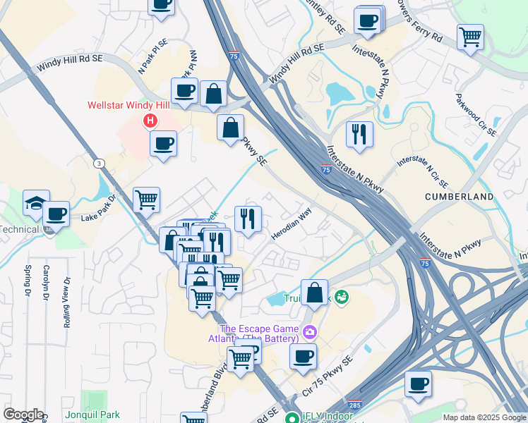 map of restaurants, bars, coffee shops, grocery stores, and more near 2726 Avington Lane in Smyrna