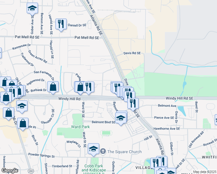 map of restaurants, bars, coffee shops, grocery stores, and more near 1000 Belmont Park Drive Southeast in Smyrna